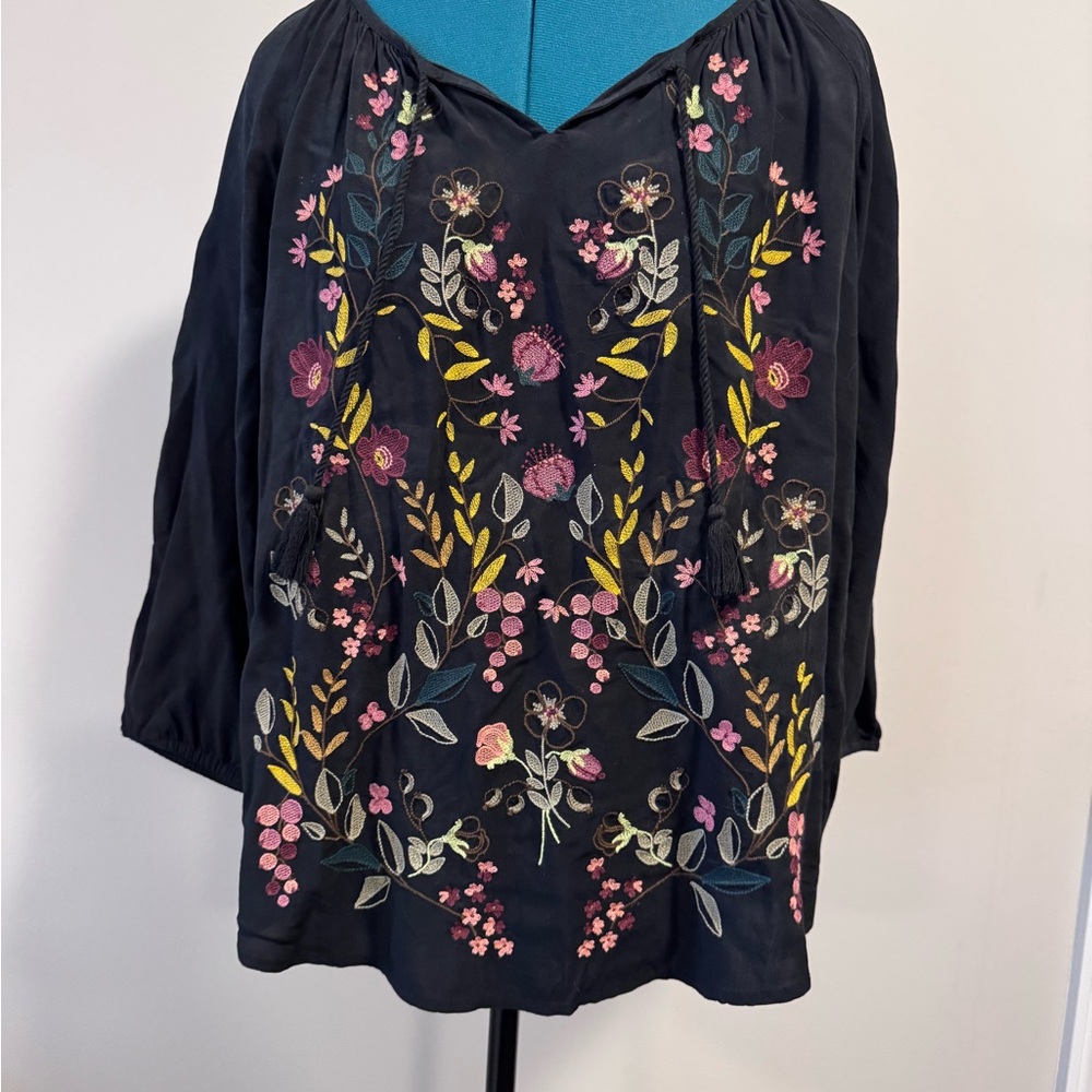 J. Jill Black Floral Embroidered Blouse